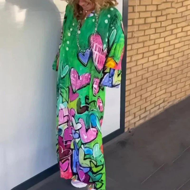 Women's Loose Lapel Heart-Shaped Print Long Dress