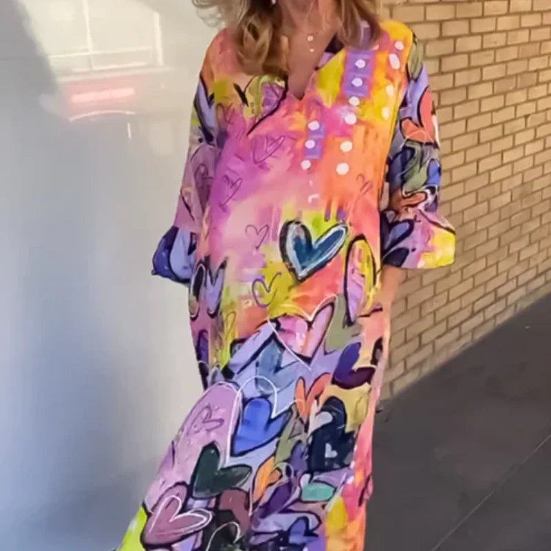 Women's Loose Lapel Heart-Shaped Print Long Dress