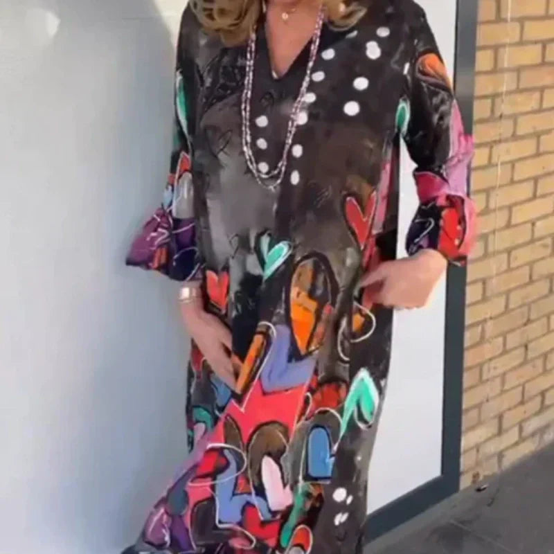 Women's Loose Lapel Heart-Shaped Print Long Dress