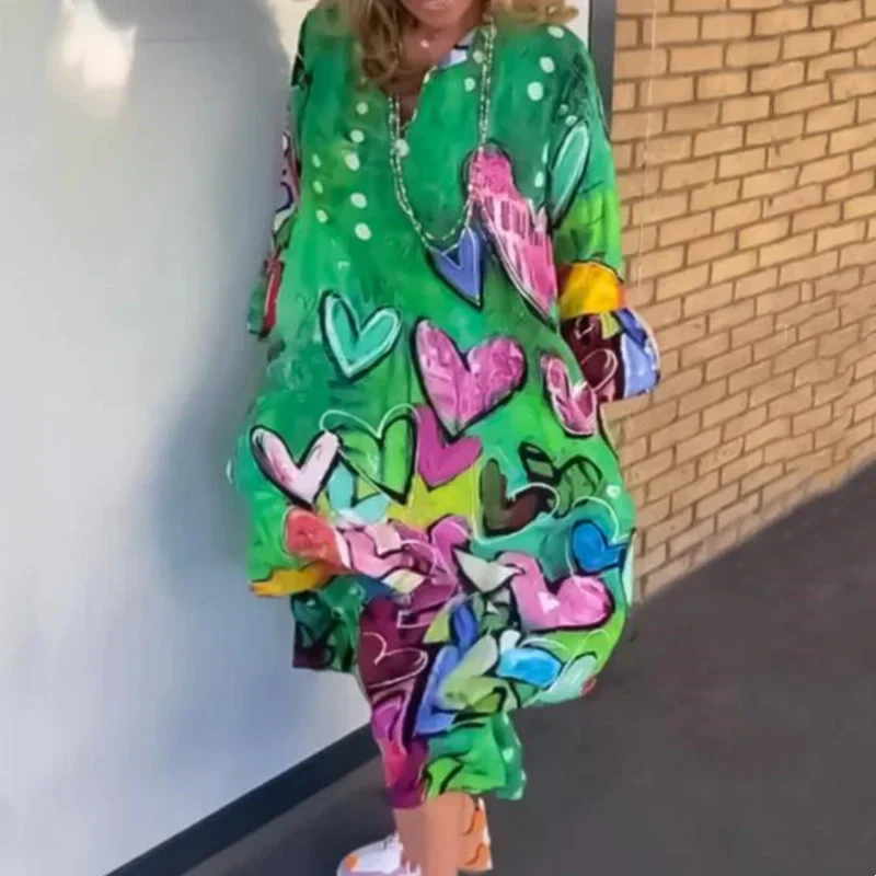Women's Loose Lapel Heart-Shaped Print Long Dress