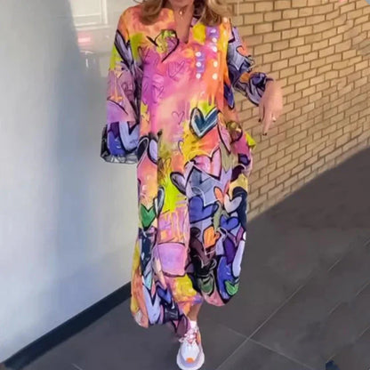 Women's Loose Lapel Heart-Shaped Print Long Dress