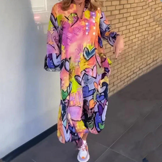 Women's Loose Lapel Heart-Shaped Print Long Dress