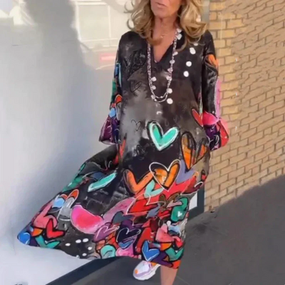 Women's Loose Lapel Heart-Shaped Print Long Dress