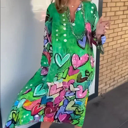 Women's Loose Lapel Heart-Shaped Print Long Dress