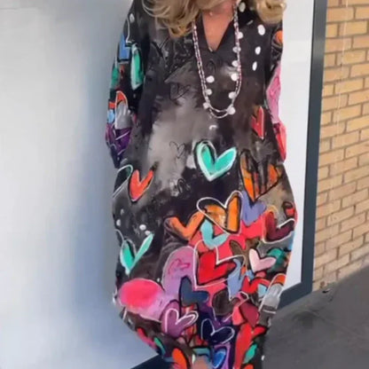 Women's Loose Lapel Heart-Shaped Print Long Dress