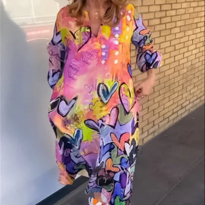 Women's Loose Lapel Heart-Shaped Print Long Dress